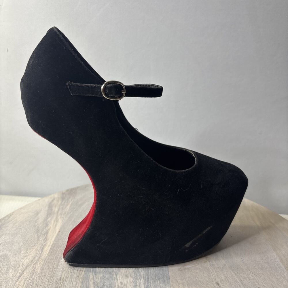 Black Platform Wedge Mary Jane Heels Womens Size 10 Faux Suede Gothic Punk - Picture 5 of 11